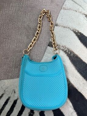 Turquoise Perforated Shoulder Bag with Gold Chain Strap